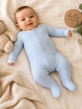Hug Me First Blue & White Striped Footed Sleeper | 0–3M | 100% Pima Cotton